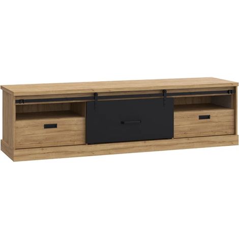 Meuble TV 2 tiroirs 1 porte coulissante décor chêne et noir mat - FARM (1/5)