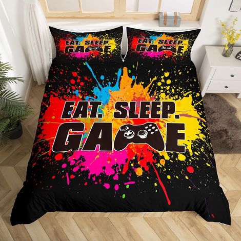 Gamer Housse de Couette Garçon Noir Game Parure de Lit Enfants literie coloré Tie Dye Gaming Housse de Couette 220x240cm luxe nouveauté Game Controller décoration couvre - lit de chambre 3 pièces - 22 (1/5)