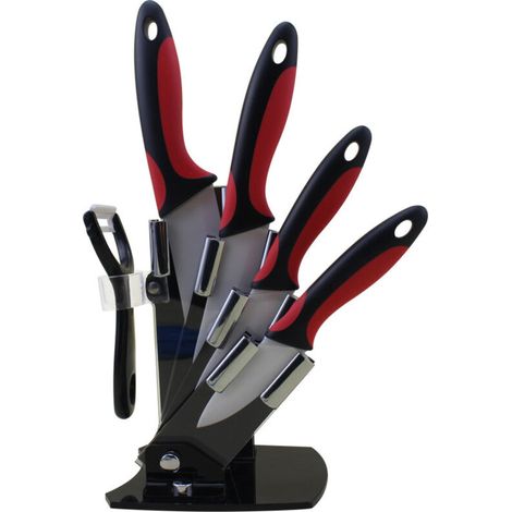 Ensemble de 6 couteaux en céramique - 4 couteaux en céramique et 1 éplucheur - Couteau utilitaire - Couteau de cuisine avec support (1/5)
