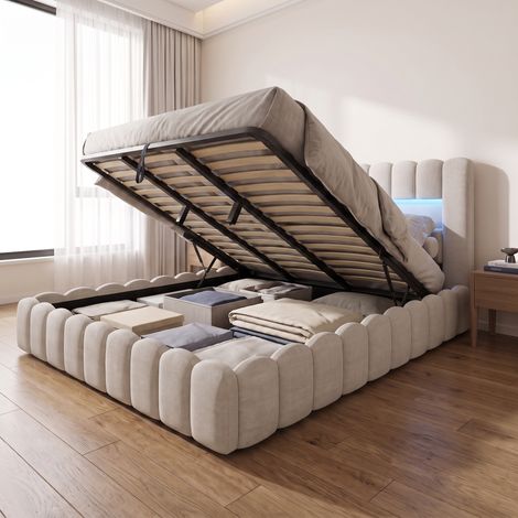 Lit coffre 180x200 cm avec sommier, lit double capitonné avec éclairage LED & ports USB/Type-C, lit adulte hydraulique, lin, style scandinave, Beige