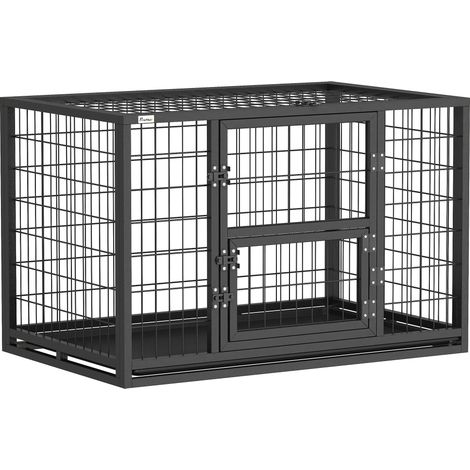 Gabbia per cani resistente, cuccia per interni con tetto apribile e sportello per il cibo, in acciaio, 94 x 60 x 64 cm, nera.