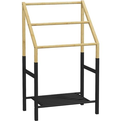 PORTASCIUGAMANI A TERRA CON 3 BARRE E RIPIANO INFERIORE. IN BAMB¨ E ACCIAIO. 51X31X85.5 CM. NERO E COLOR LEGNO (1/5)
