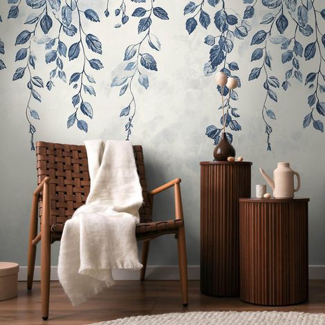 Fotomural Profhome 791445 papel pintado vinílico estampado en caliente tejido non tejido ligeramente texturado con ornamentos florales mate crema gris-seda azul 1,59 m x 2,8 m