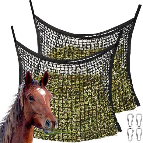 Lot de 2 filets à foin pour chevaux - 60 x 90 cm - Filet à foin avec 4 mousquetons - Filet à foin pour chevaux - Maille fine - Capacité : 8 kg - Sac à foin - Le temps d'alimentation (1/5)