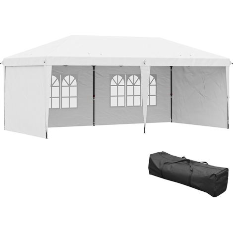 Faltbarer Gartenpavillon (6 x 3 m) mit 4 abnehmbaren Seitenwänden, 2 Fenstern und Tragetasche, Weiß