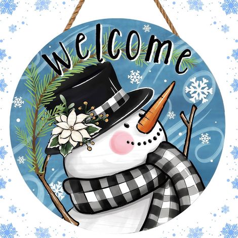 Panneau rond en bois « Bienvenue Bonhomme de neige » - Décoration suspendue bleue sur le thème de l'hiver avec flocons de neige et accents de pin, à suspendre à la porte d'entrée ou au mur, à l'intéri (1/5)