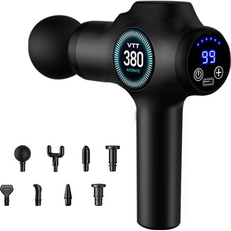 Pistolet Massage 99 Vitesses 9 Embouts LCD, Noir Silencieux, compact, 99 vitesses, 9 embouts, pour dos, cou, jambes, sport et quotidien (1/5)