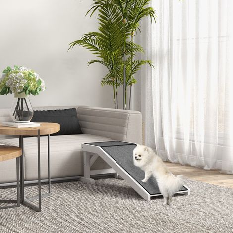 Rampe pour animaux avec moquette antidérapante Échelle pour animaux Rampe pour chiens jusqu’à 30 kg Pin Polyester blanc + gris 125 x 40 x 35,5 cm