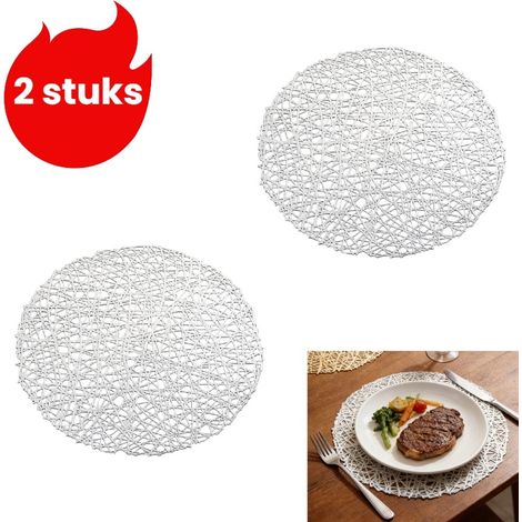 Ensemble 2 pièces - Set de table tissé - Set de table rond isolant thermique - Set de table décoratif - Dessous de verre - Argenté (1/5)