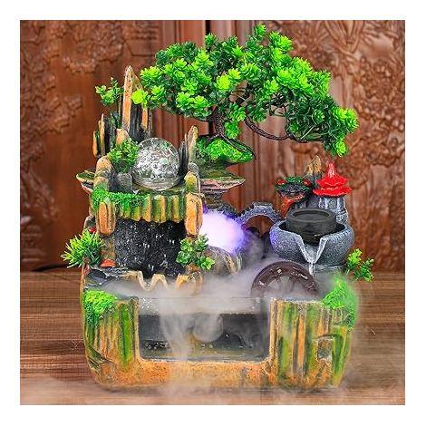 Fontaine d'intérieur en forme de cascade - Éclairage LED - Multicolore - Pour jardin - Aquarium - Fontaine de bureau en résine - Avec brume - Plateau de table - Fontaine à eau - Décoration de chambre (1/5)