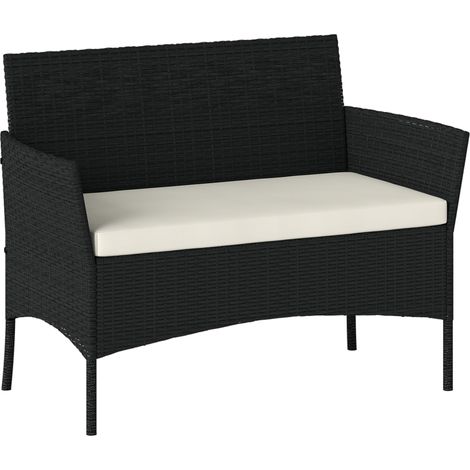 Canapé de jardin 2 places avec coussins et accoudoirs en rotin PE et acier, 107 x 55 x 80 cm, noir (1/5)