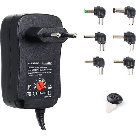 Adaptateur secteur universel - Chargeur - Chargeur universel - Avec alimentation USB - 6 prises - Compatible avec les appareils de 3 V à 12 V - 30 W - Noir (1/5)
