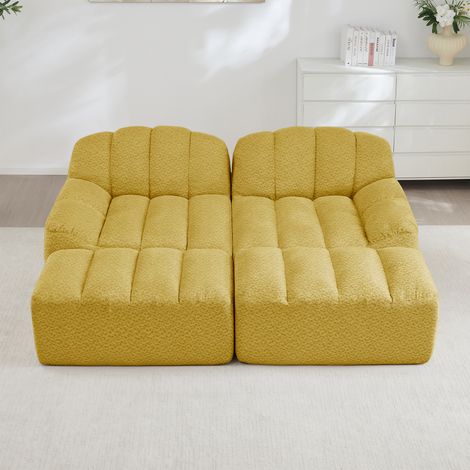 Canapé 2 places modulaire jaune + 2 poufs, sans ossature en mousse 32D haute densité, antidérapant, tissu moelleux, pour salon ou appartement (1/4)