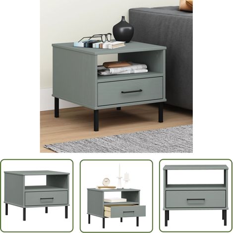 The Living Store Table de chevet avec pieds en métal Gris Bois pin massif OSLO - Table De Chevet - Meuble De Chambre - Table D'appoint - Table Industrielle - Table Basse (1/5)