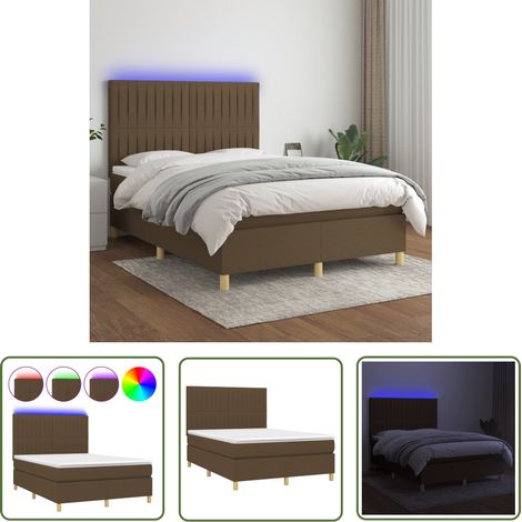 The Living Store Sommier à lattes de lit matelas et LED Marron foncé 140x190 cm - Sommier Tapissier - Lit Plateforme - Lit Avec Rangement - Matelas À Ressorts Ensachés - Éclairage LED (1/5)