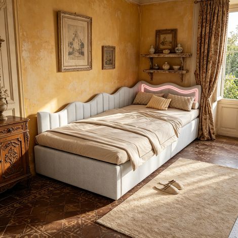 Lit banquette rembourré 90x200 cm, Tête de Lit Ondulée avec Bandeau LED, Velours teddy Blanc (sans matelas) (1/5)