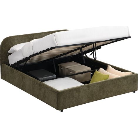 Lit coffre adulte 140x190 cm avec tête de lit en tissu chenille vert kaki - Cassis (1/5)
