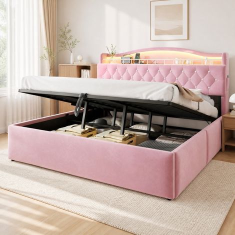 Polsterbett 180x200 cm aus rosa Samt mit LED und USB, Stauraum, ohne Matratze – MEUBLIV (1/5)