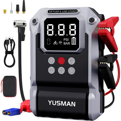 Booster batterie 8000A & gonfleur 150PSI sans fil, démarreur portable, lampe LED, écran LCD pour auto/moto/vélo/ballon – essence 12L/diesel 10L