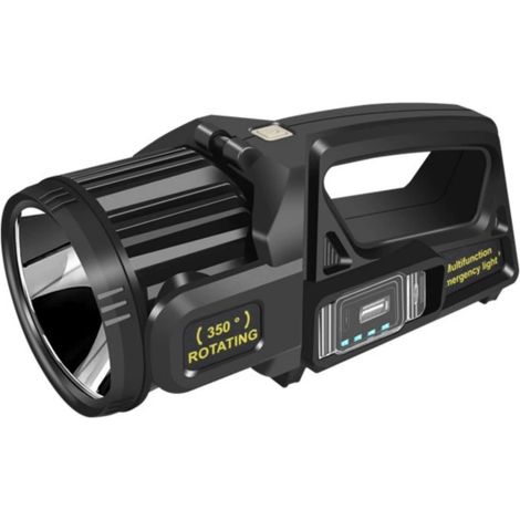Projecteur LED rechargeable, tête rotative 350°, 9 modes d'éclairage, étanche IPX6, lampe torche solaire (pour extérieur)