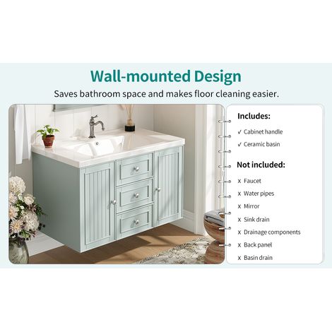 Meuble vasque suspendu vert en MDF avec 3 tiroirs, lavabo en céramique et poignées métal pour salle de bains et petits espaces (1/5)
