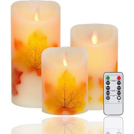 Lot de 3 bougies LED en forme de feuille d'érable-Sans flamme - Fonctionnement à piles-Mèche mobile-Avec télécommande et minuterie (1/5)