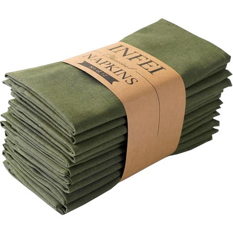 Serviettes en Tissu de dîner en Tissu mélangé en Lin Couleur Unie en - Lot de 12 (40 x 40 cm) - pour événements et Usage Domestique (Vert armée) (1/5)