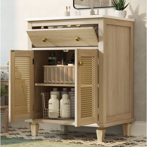 61 cm Badezimmerschrank mit Klappschublade, atmungsaktiven Rattan-Türen und höhenverstellbaren Einlegeböden – Wasserhahn nicht im Lieferumfang enthalten (1/5)