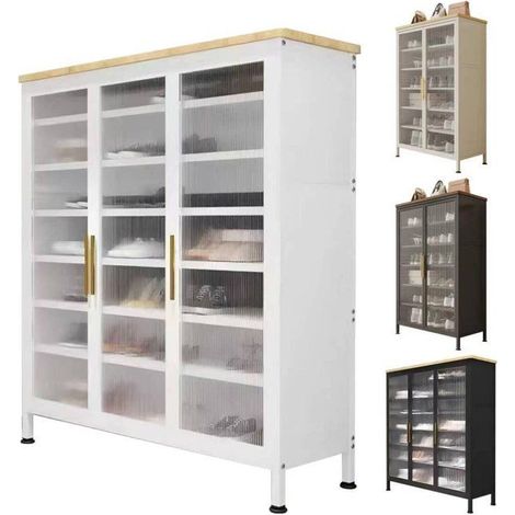 Armoire à chaussures blanche 7 étagères modulables – Portes en verre dépoli – Cadre métal – 25 paires – Compacte 104x32x110 cm
