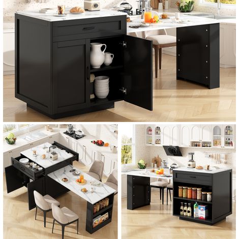 Table haute extensible avec rangements 133-202x70x93,5 cm, îlot de cuisine avec 2 tiroirs, 2 niches et table repas 2-6 personnes- Noir
