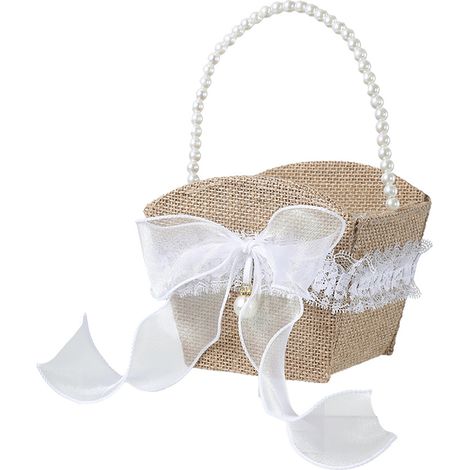 Blumenkorb im europäischen Stil mit weißer Gaze-Schleife, Geschenkkorb für die Brautjungfern, Leinenhandtasche mit Perlen verziert, Blumenkorb im westlichen Stil für das Blumenmädchen (1/2)