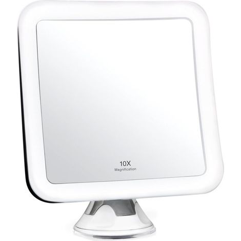 Miroir de maquillage lumineux grossissant x10 - Sans fil, ventouse verrouillable, 6,5 pouces de large, rotation à 360°, miroir de salle de bain éclairé portable (carré) (1/4)