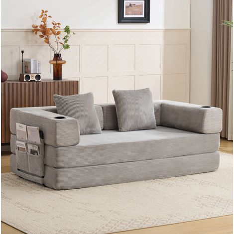 Sofá cama plegable de suelo convertible, con bolsillo lateral y portavasos, tejido de corduroy gris claro (1/5)