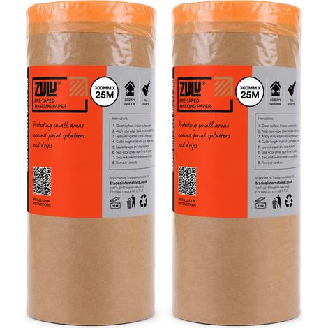 Zulu Pre-Taped Masking Paper 300mm x 25m - Heavy Duty with Adhesive Tape Paint Protection for Decorating Painting DIY, 2 Pack (1/3)