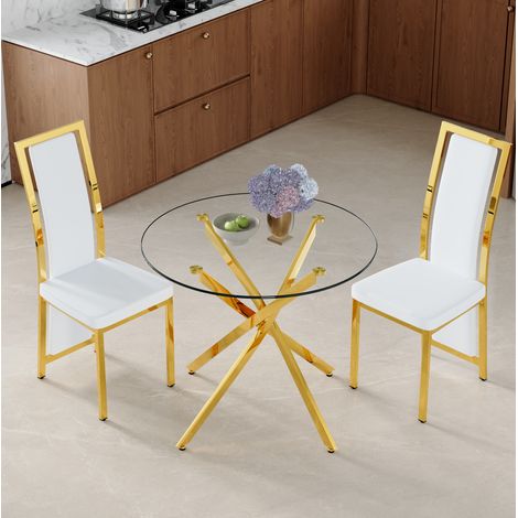 Conjunto de mesa y 2 sillas de comedor en vidrio templado y metal, blanco y dorado, diseño moderno (1/5)
