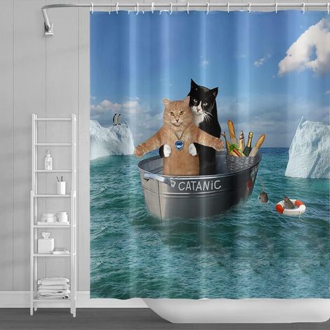 152x183cm Mignon Chat Rideau de Douche Drôle Animaux Minou Couple Cosplay Pôle Sud Manchot Rideau de Bain Bleu Océan Rideau de Baignoire pour Enfants Salle de Bains Polyester avec Crochets (1/5)