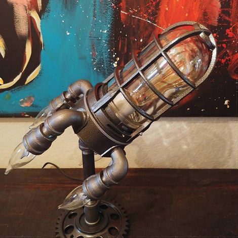 Lampe de chevet style fusée steampunk, lampe de table vintage en bois, lampe rétro avec prise pour chambre, salon ou bureau. (1/5)