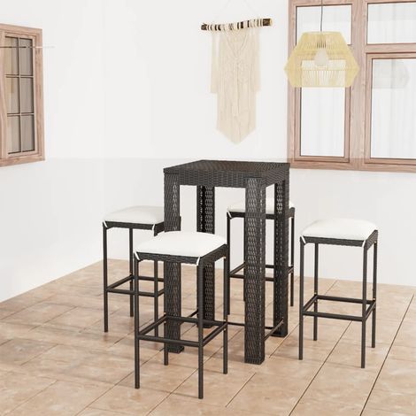 5-tlg. Gartenbar-Set mit Kissen Poly Rattan Schwarz (1/5)
