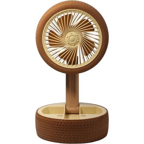 Ventilateur de table avec roues factices - jaune, en forme de pneu, portable et rechargeable, idéal pour les résidences étudiantes. (1/4)