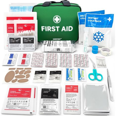 Trousse de Secours 180 Pièces, Kit Premier Secours Complète, Trousse à Pharmacie pour Maison Voiture Sport Voyage Camping Enfant Lieu de Travail, Vert (1/5)