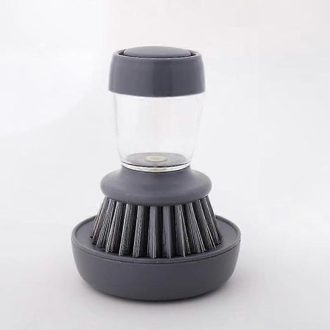 Brosse à vaisselle avec réservoir à liquide vaisselle, lot de nettoyage pour évier, casseroles, assiettes, poils en nylon et manche gris avec support (1/5)