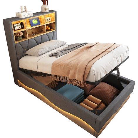 Letto Singolo per Bambini 90 x 200 cm in Lino con Contenitore, USB e LED Regolabile, Senza Materasso, Grigio (1/5)