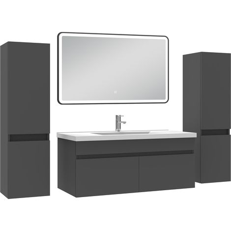 Acezanble Meuble simple vasque anthracite 100cm avec colonne + miroir 3 couleurs + dimmable