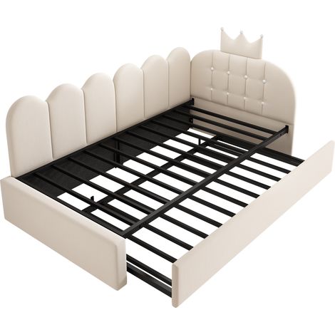 Tagesbett mit Ausziehbett 90 x 200 cm aus beigem Samt, Kronen-Design (1/5)