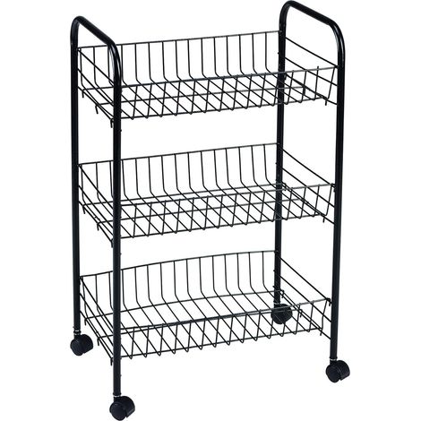 King Home SCHWARZER MULTI-PURPOSE TROLLEY aus Metall mit 3 Ablagen und 4 Rädern 40x26x62h cm (1/4)