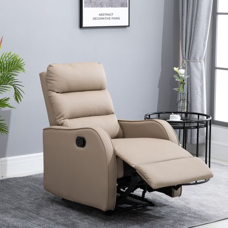 Fauteuil inclinable 160° maximum avec repose-pieds, en cuir PU, bois et acier, 65x89x100 cm, Marron clair (1/4)