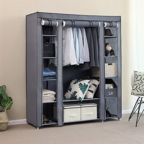 Armoire portable 69" en tissu non-tissé gris, 12 étagères, barre de suspension (1/5)