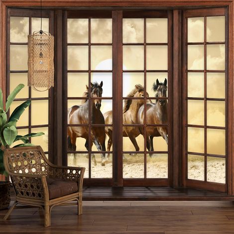Papier peint panoramique Trompe l'oeil Fenêtre en bois - Chevaux - 195 cm x 156 cm (1/5)