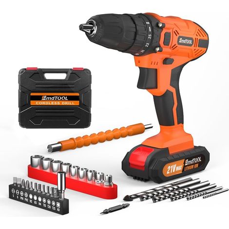 Tournevis électrique sans fil 21V avec 2 piles, 29 accessoires et boîte de rangement, adapté à la maison, BRICOLAGE, orange