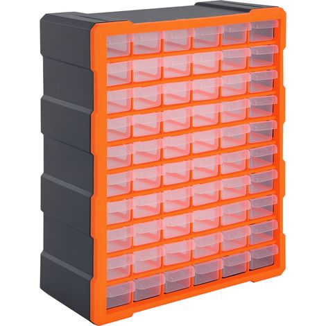 DURHAND 60 Drawers Parts Organiser Wall Mount Storage Cabinet Garage Small Nuts Bolts Tools Clear Orange